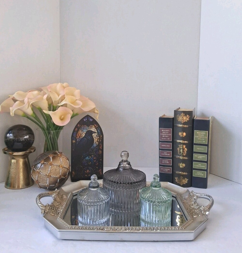 New! 3 Ribbed Glass Vanity YURT Style Jars Set w/ Silver Faux Metal Mirror Tray